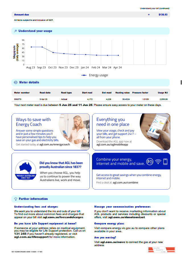 Australia AGL Gas utility bill template in Word and PDF formats, 3 pages, 3rd page